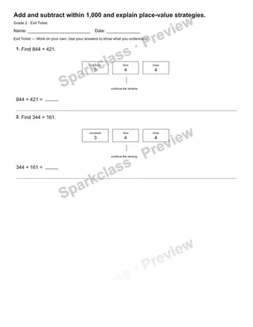 Add and subtract within 1,000 and explain place-value strategies. — Exit Ticket — Grade 2 worksheet preview