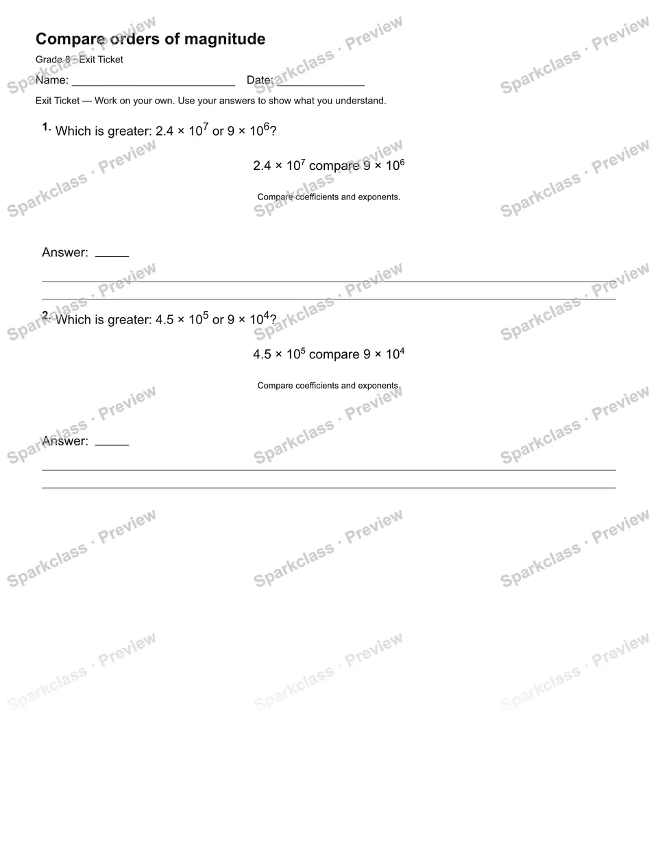 Compare orders of magnitude — Exit Ticket — page 1