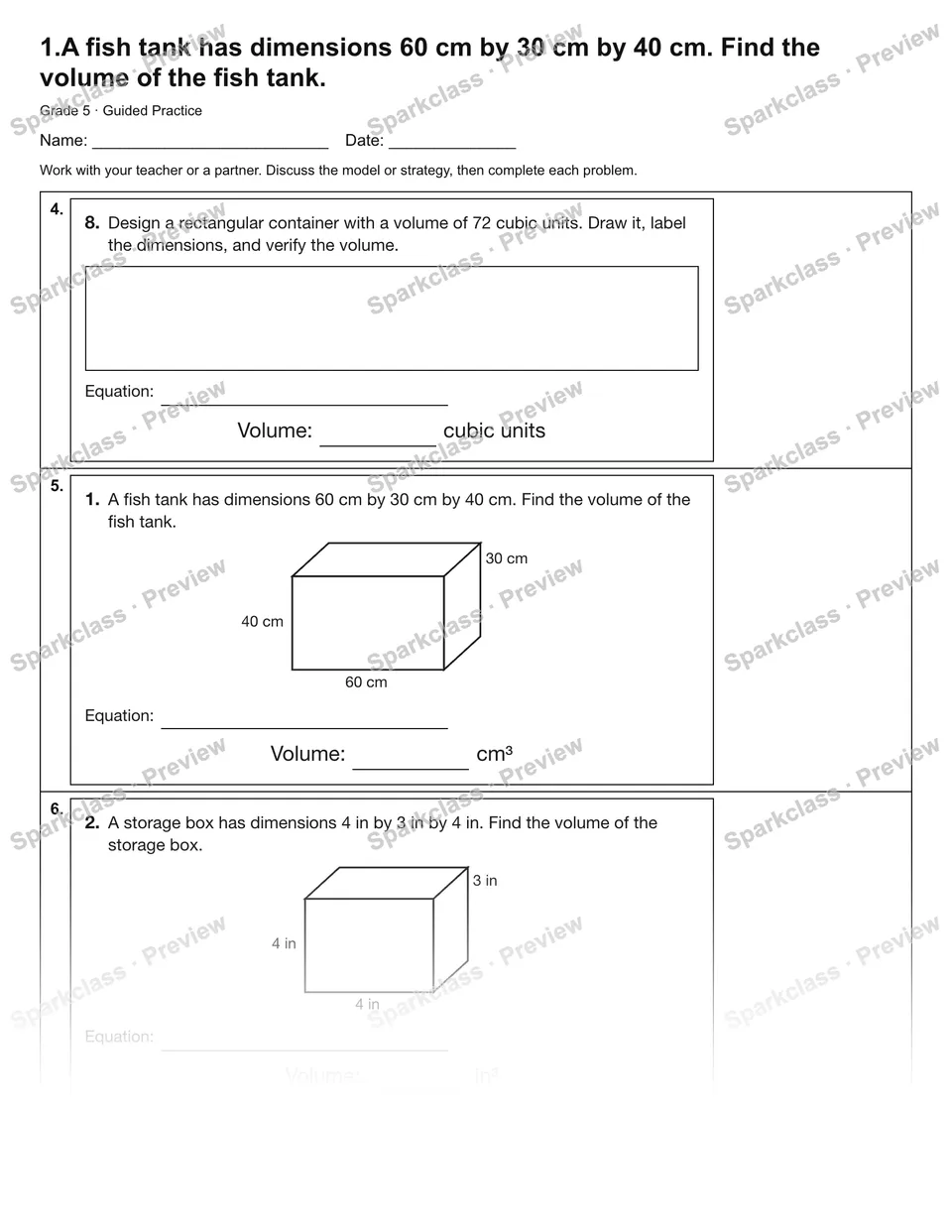 1.A fish tank has dimensions 60 cm by 30 cm by 40 cm. Find the volume of the fish tank. — Guided Practice — page 2