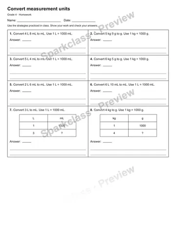 Convert measurement units — Homework — Grade 4 worksheet preview