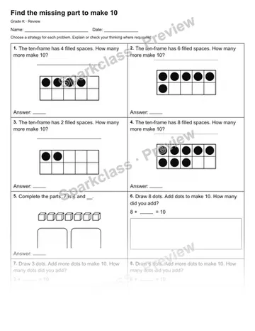 Find the missing part to make 10 — Review — Kindergarten worksheet preview