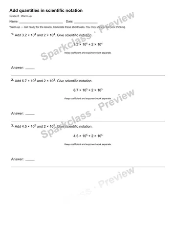 Add quantities in scientific notation — Warm-up — Grade 8 worksheet preview