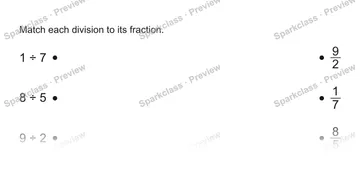 Match each division to its fraction. 1 ÷ 7 8 ÷ 5 9 ÷ 2 9/2 1/7 8/5 — Grade 5 problem preview