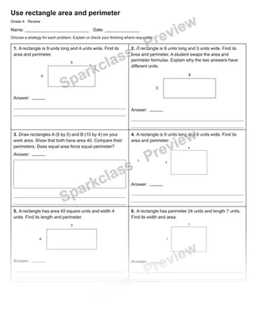 Use rectangle area and perimeter — Review — Grade 4 worksheet preview
