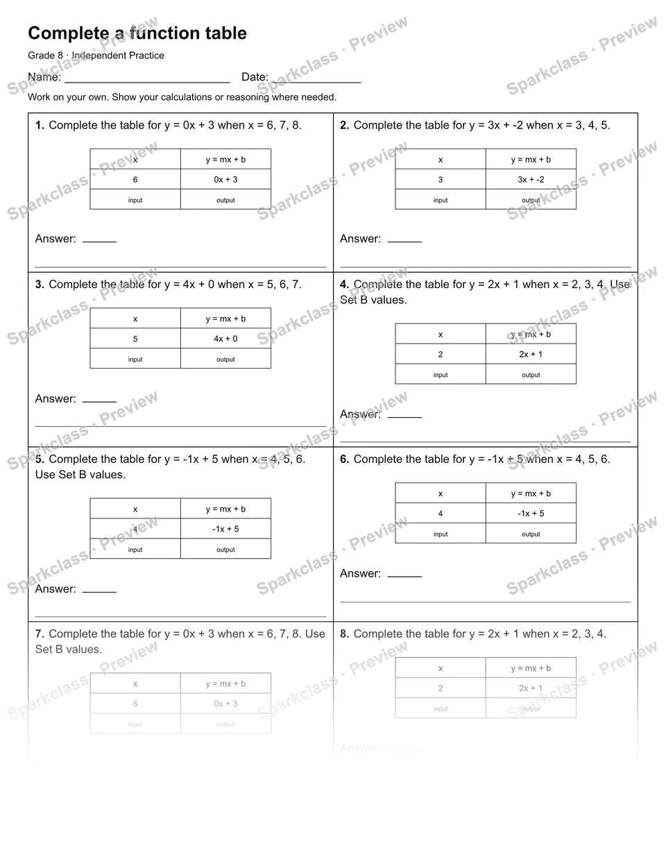 Complete a function table — Independent Practice — page 1