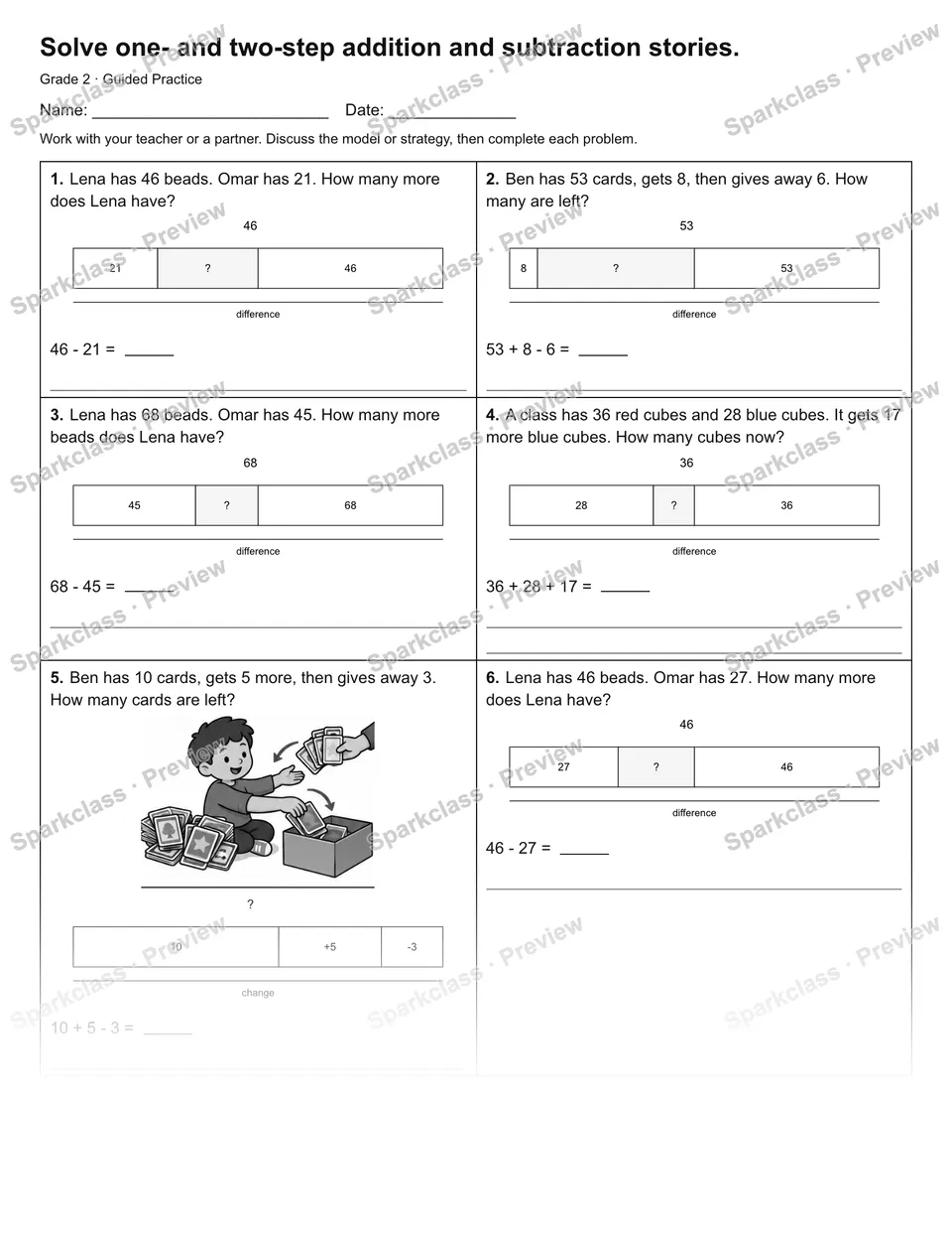Solve one- and two-step addition and subtraction stories. — Guided Practice — page 1