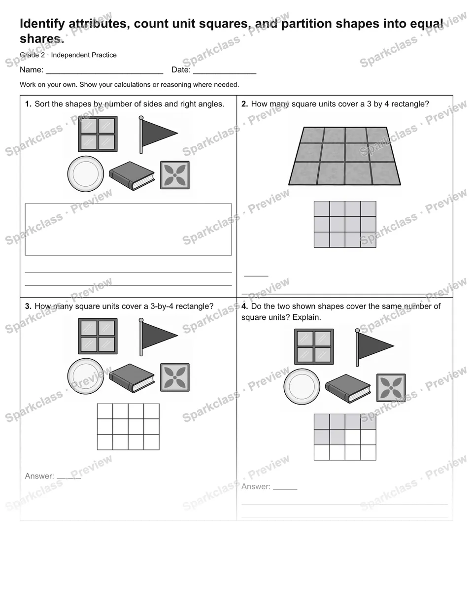Identify attributes, count unit squares, and partition shapes into equal shares. — Independent Practice — page 1