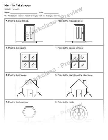 Identify flat shapes — Homework — Kindergarten worksheet preview