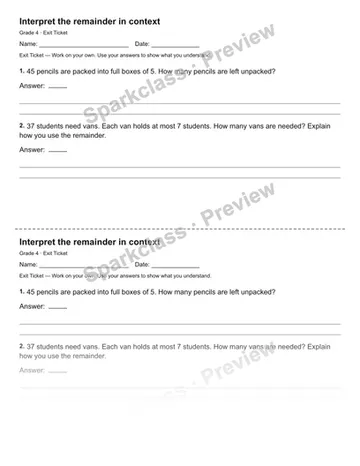 Interpret the remainder in context — Exit Ticket — Grade 4 worksheet preview