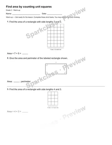 Find area by counting unit squares — Warm-up — Grade 3 worksheet preview