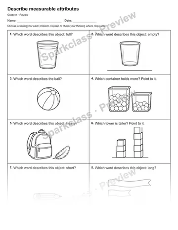 Describe measurable attributes — Review — Kindergarten worksheet preview