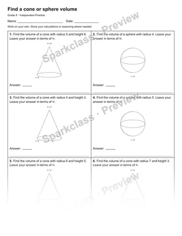 Find a cone or sphere volume — Independent Practice — Grade 8 worksheet preview