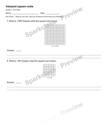 Interpret square roots — Exit Ticket — Grade 8 worksheet preview