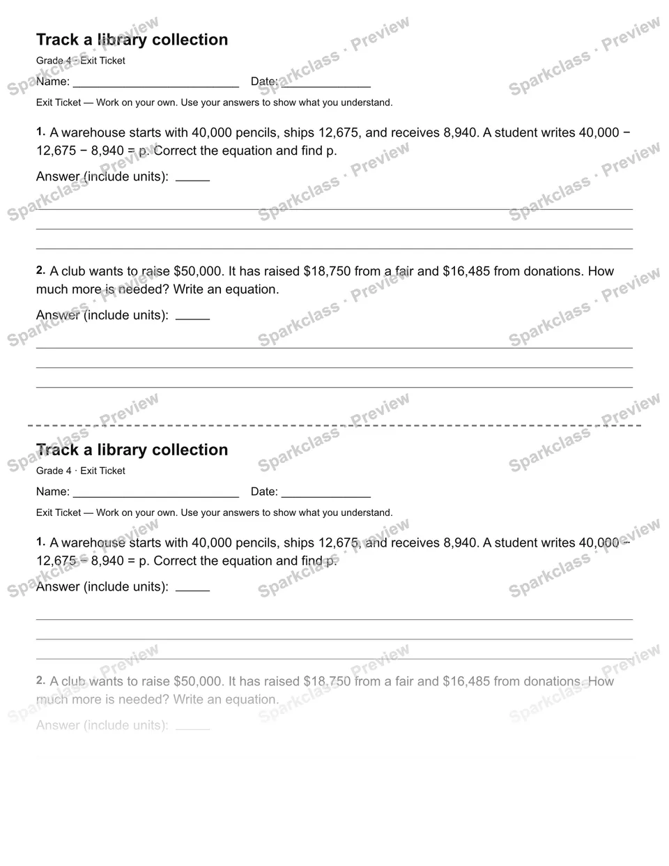 Track a library collection — Exit Ticket — page 1