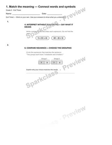 1. Match the meaning — Connect words and symbols — Exit Ticket — Grade 5 worksheet preview
