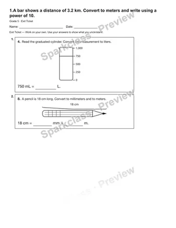 1.A bar shows a distance of 3.2 km. Convert to meters and write using a power of 10. — Exit Ticket — Grade 5 worksheet preview