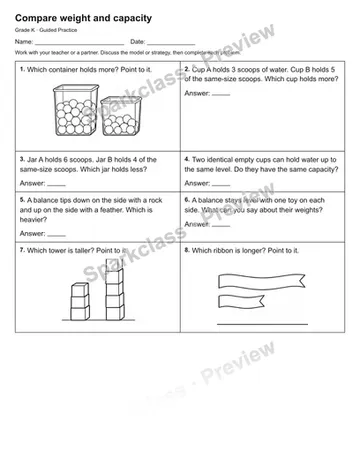 Compare weight and capacity — Guided Practice — Kindergarten worksheet preview