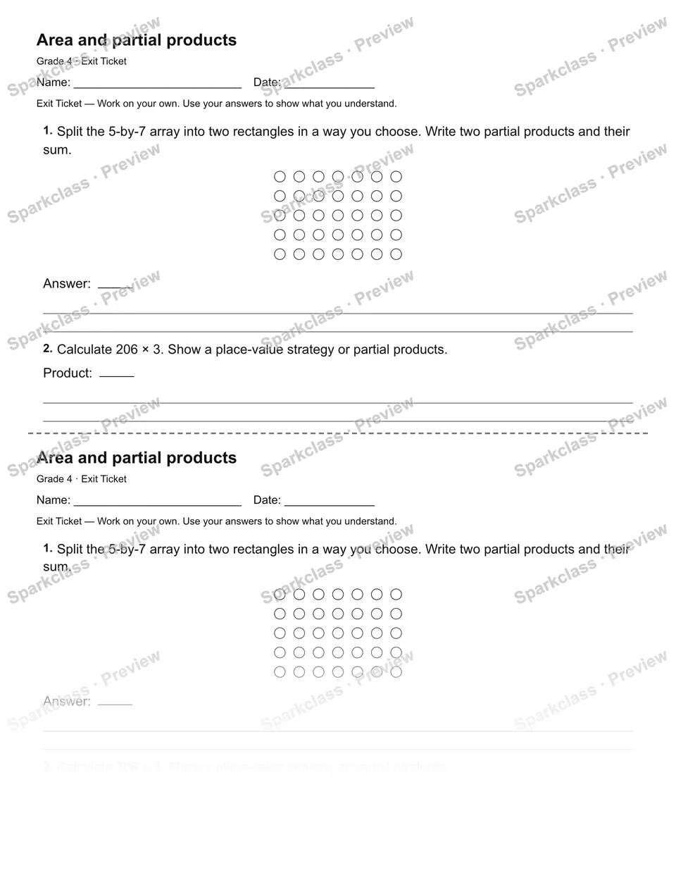 Area and partial products — Exit Ticket — page 1