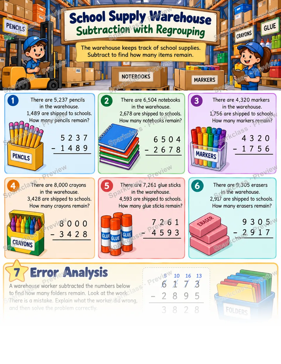 Subtract Multi-Digit Numbers With Regrouping — page 1