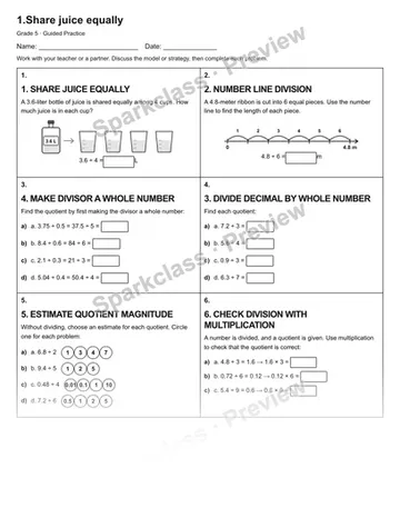 1.Share juice equally — Guided Practice — Grade 5 worksheet preview