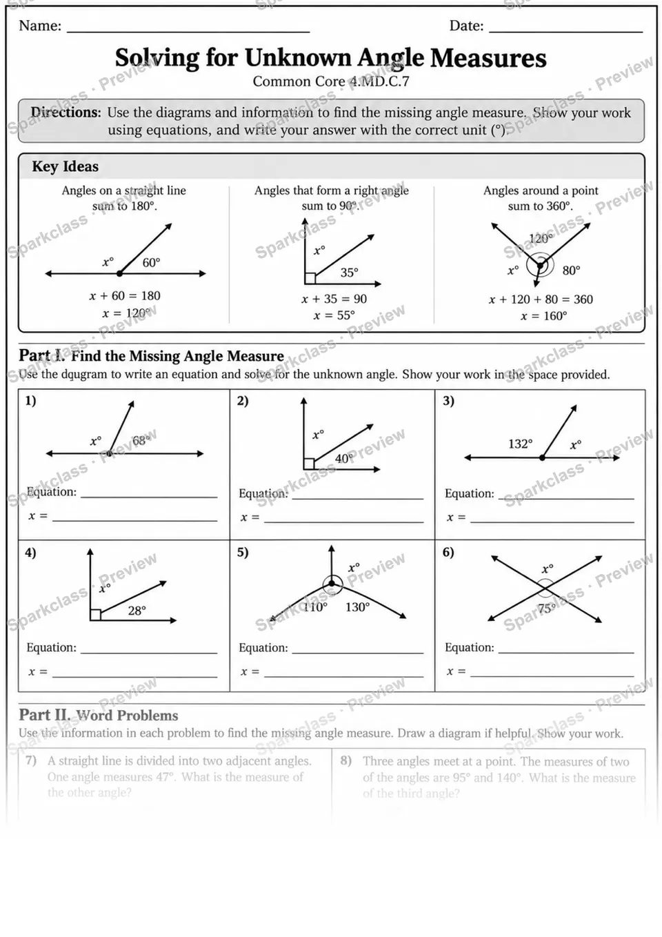 Unknown Angle Measures — page 1
