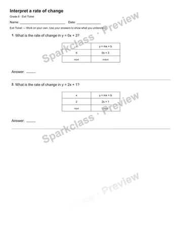 Interpret a rate of change — Exit Ticket — Grade 8 worksheet preview