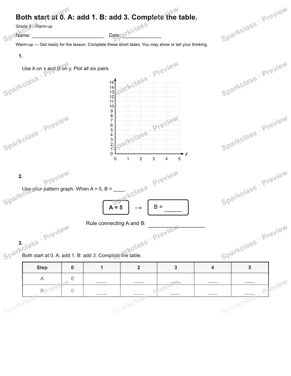 Both start at 0. A: add 1. B: add 3. Complete the table. — Warm-up — page 2
