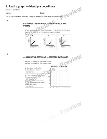 1. Read a graph — Identify a coordinate — Exit Ticket — Grade 5 worksheet preview
