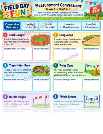 Measurement Conversion · Field Day — Grade 5 worksheet preview
