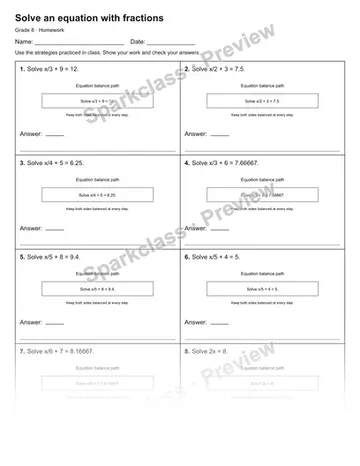 Solve an equation with fractions — Homework — Grade 8 worksheet preview