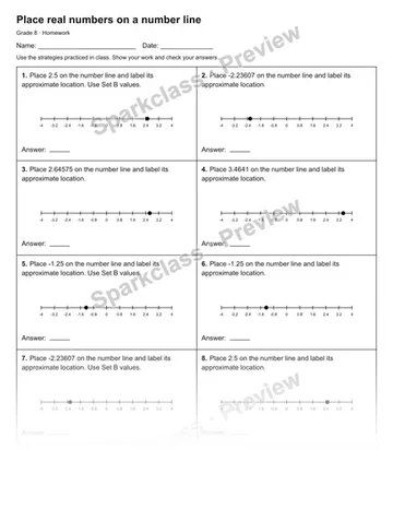 Place real numbers on a number line — Homework — Grade 8 worksheet preview