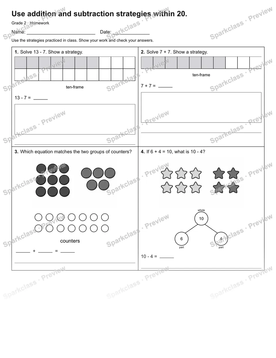 Use addition and subtraction strategies within 20. — Homework — page 1