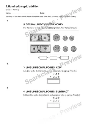 1.Hundredths grid addition — Warm-up — Grade 5 worksheet preview