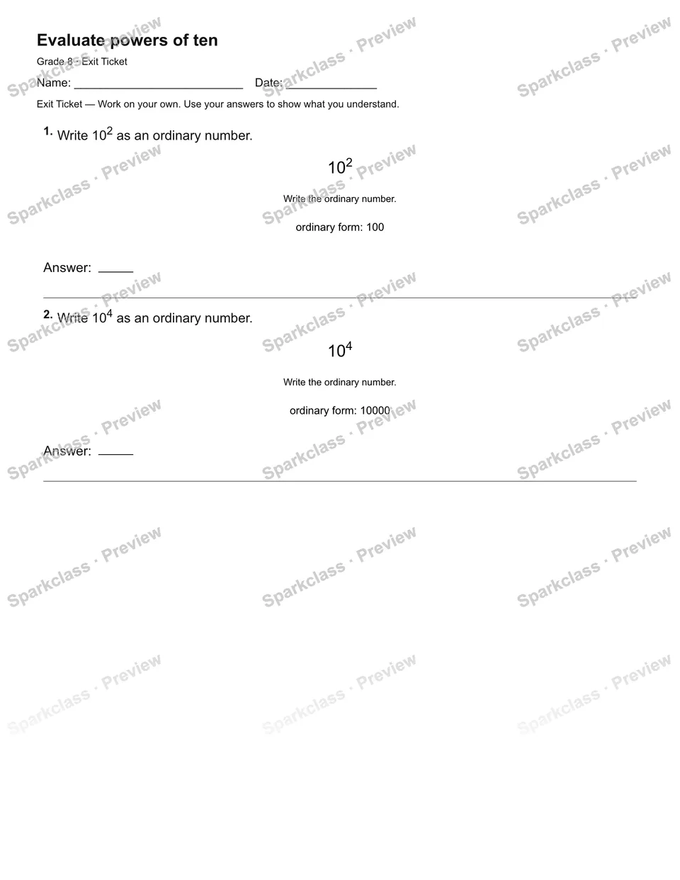 Evaluate powers of ten — Exit Ticket — page 1