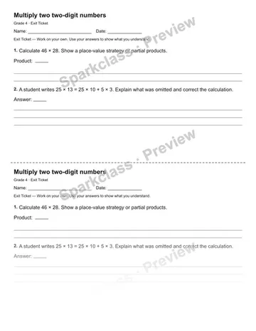 Multiply two two-digit numbers — Exit Ticket — Grade 4 worksheet preview