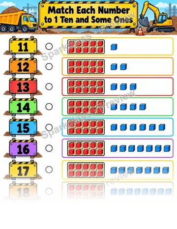 One Ten and Some Ones · 11–19 — Kindergarten worksheet preview