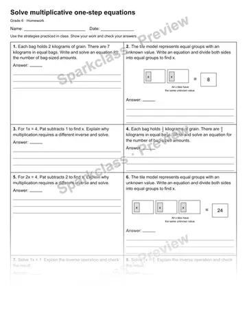 Solve multiplicative one-step equations — Homework — Grade 6 worksheet preview