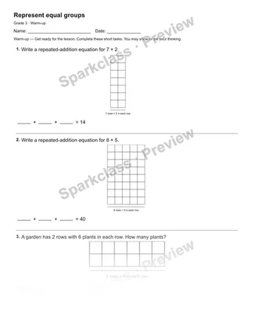 Represent equal groups — Warm-up — Grade 3 worksheet preview