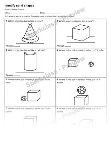 Identify solid shapes — Guided Practice — Kindergarten worksheet preview