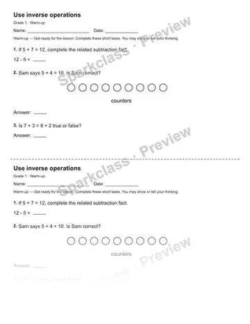 Use inverse operations — Warm-up — Grade 1 worksheet preview