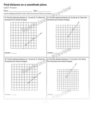 Find distance on a coordinate plane — Homework — Grade 8 worksheet preview
