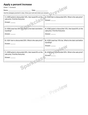 Apply a percent increase — Homework — Grade 7 worksheet preview
