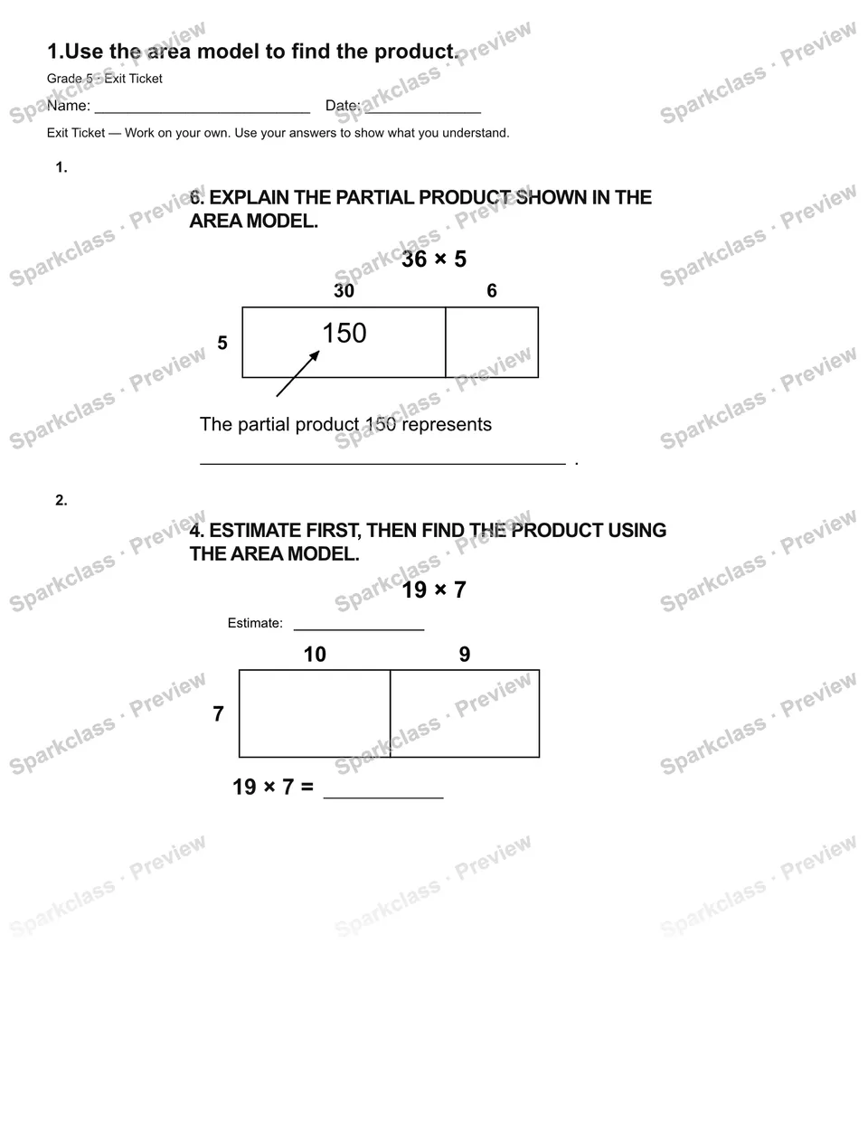 1.Use the area model to find the product. — Exit Ticket — page 1