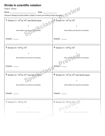 Divide in scientific notation — Review — Grade 8 worksheet preview