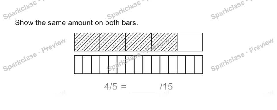 Show the same amount on both bars. 4/5 = /15 — page 1