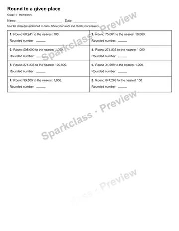 Round to a given place — Homework — Grade 4 worksheet preview
