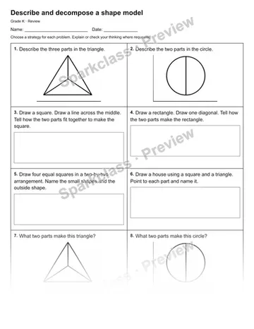 Describe and decompose a shape model — Review — Kindergarten worksheet preview