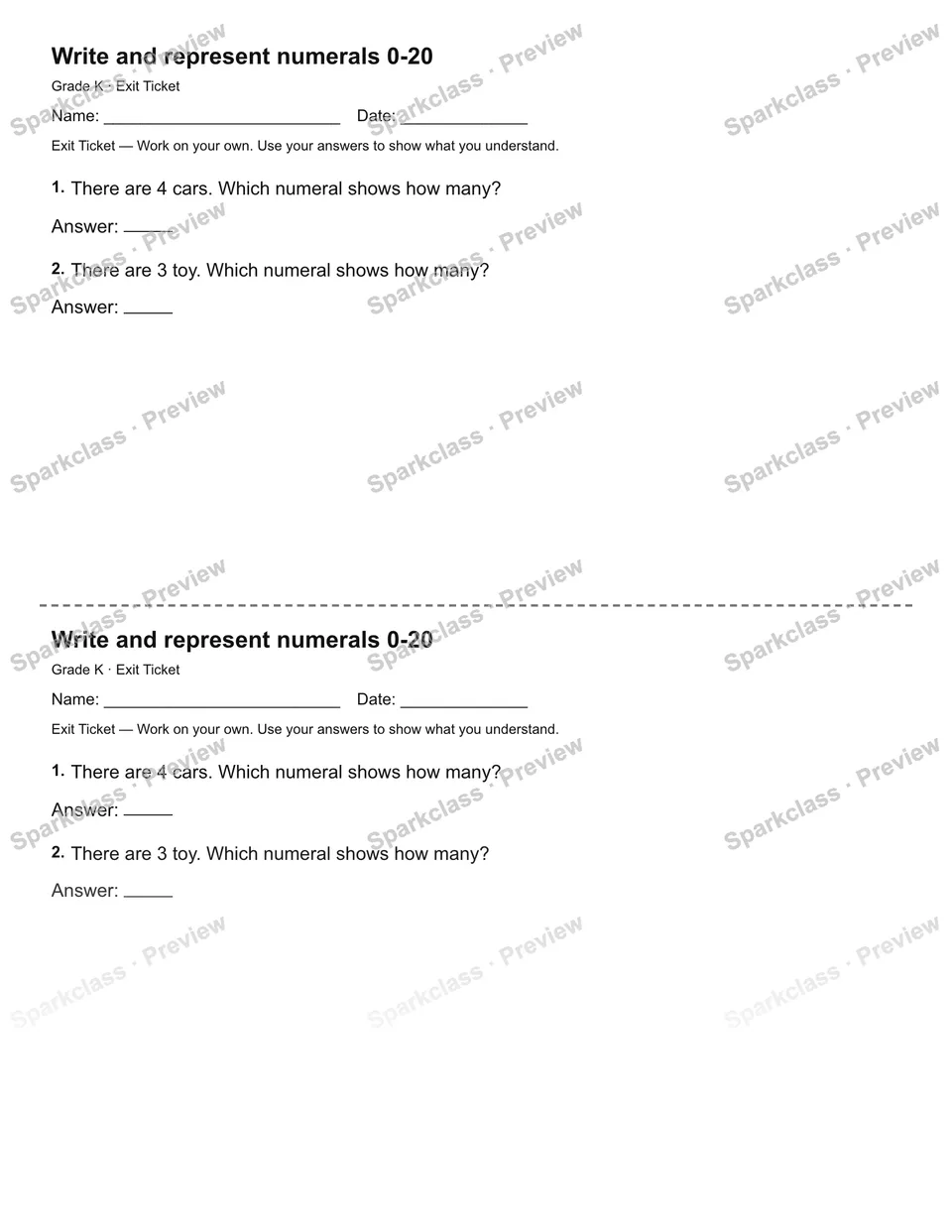 Write and represent numerals 0-20 — Exit Ticket — page 1