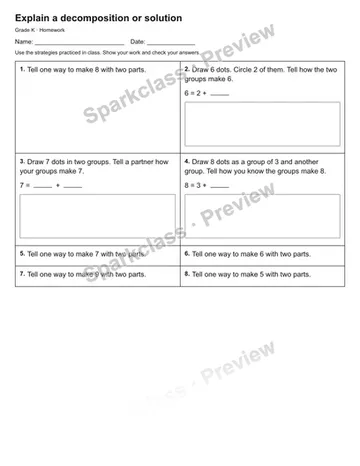 Explain a decomposition or solution — Homework — Kindergarten worksheet preview