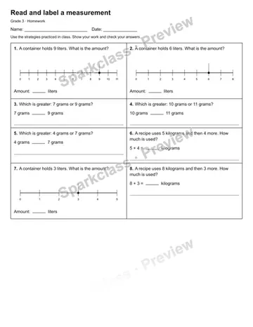 Read and label a measurement — Homework — Grade 3 worksheet preview